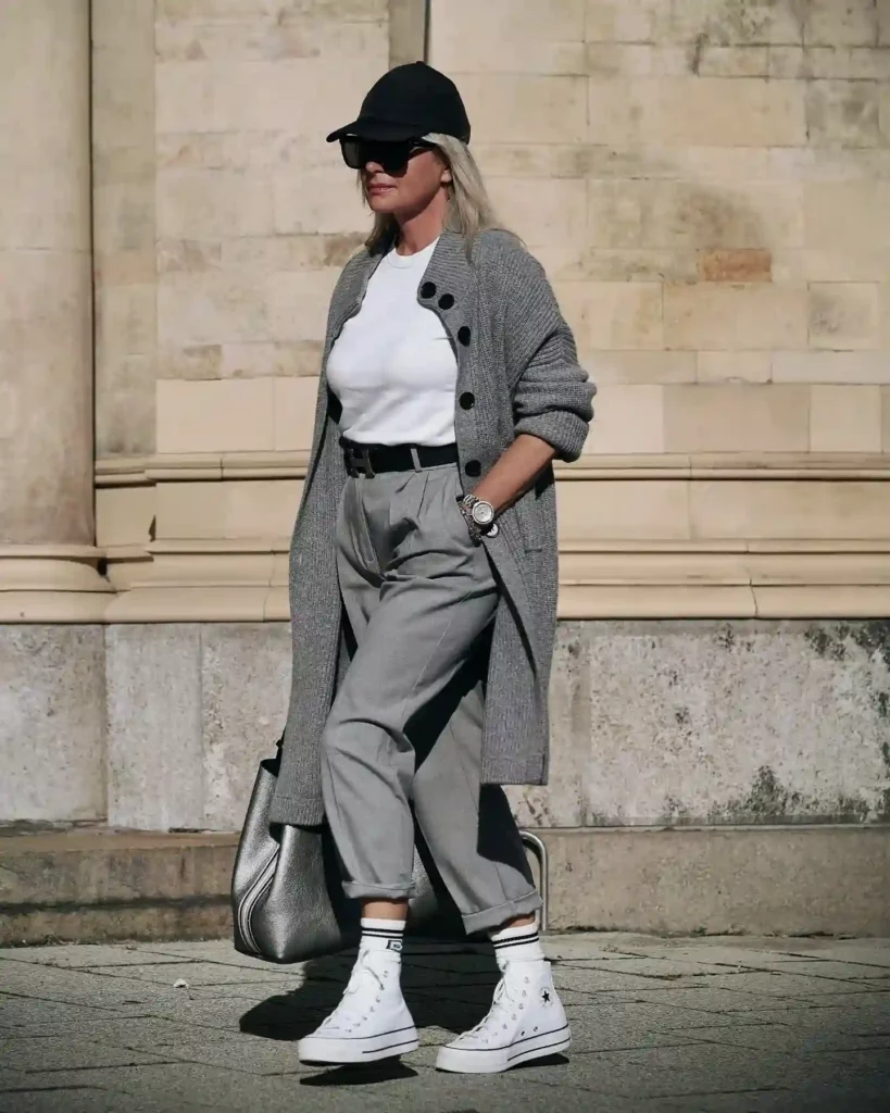 Long Gray Cardigan with Tailored Gray Trousers Fall Outfit