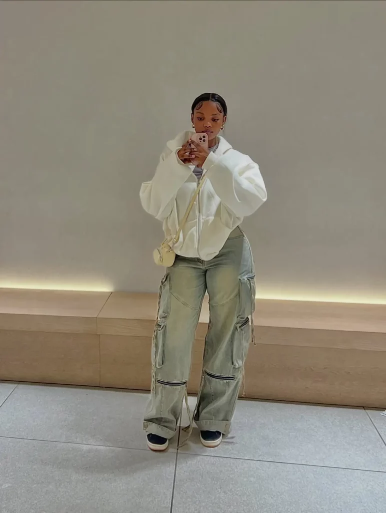 White Zip-Up Jacket with Olive Wash Cargo Jeans Fall Outfit