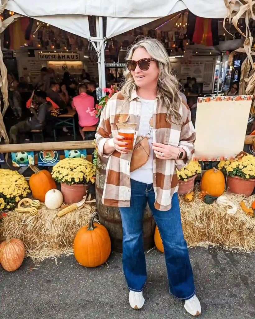 Brown and Cream Buffalo Check Flannel with Bootcut Jeans Fall Outfit