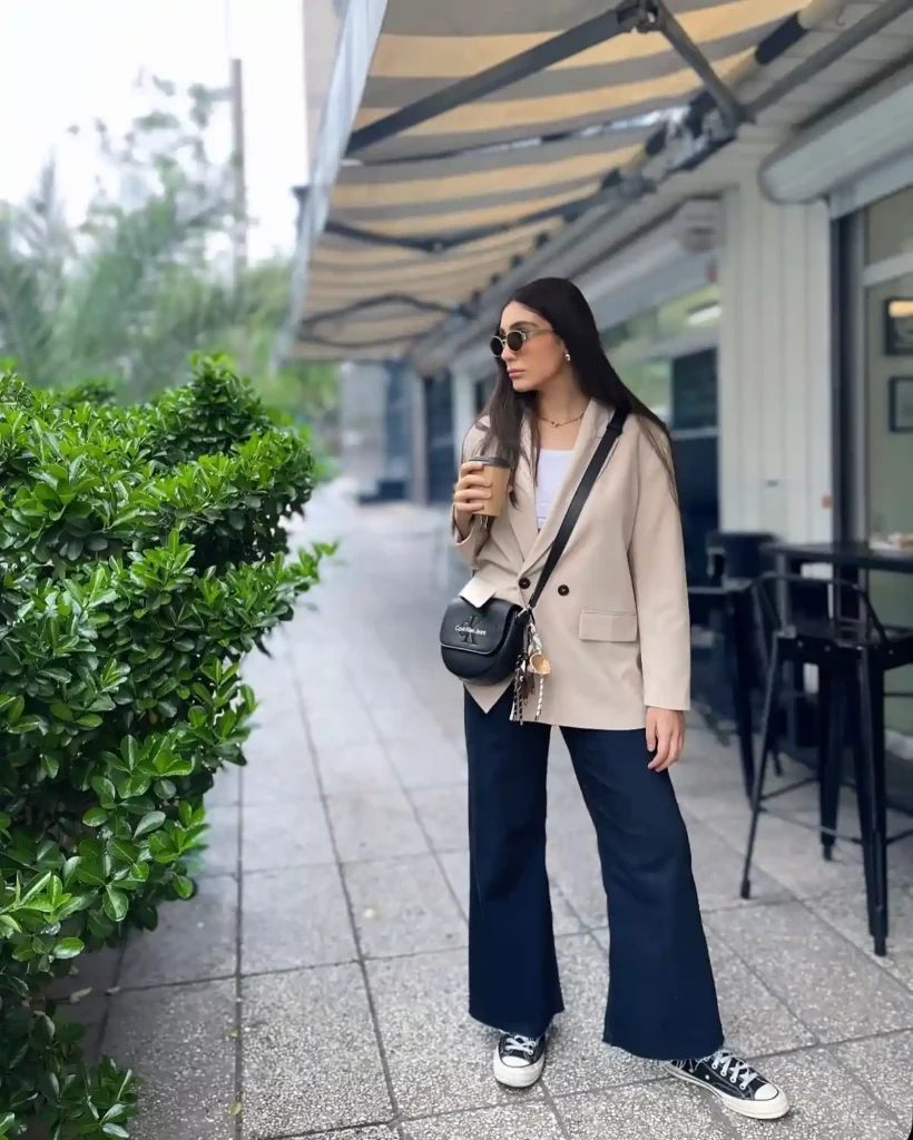 Cream Blazer with Dark Wide Leg Jeans Fall Outfit