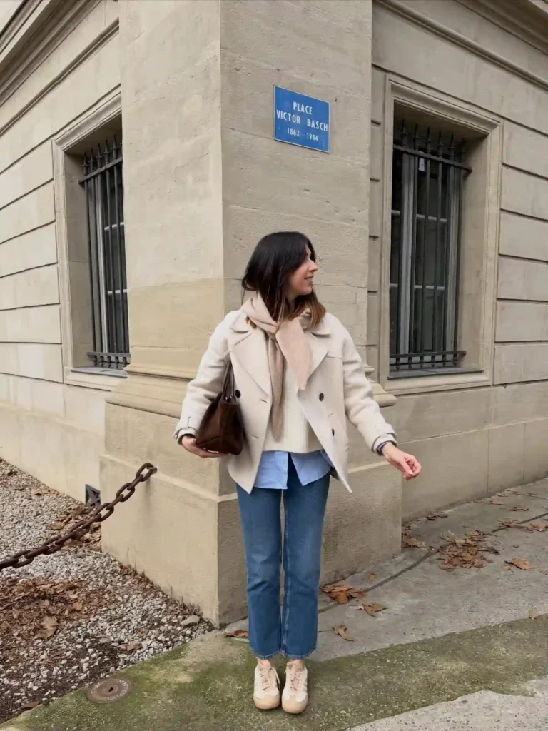 Beige Coat with Blue Jeans and Adidas Samba Outfit