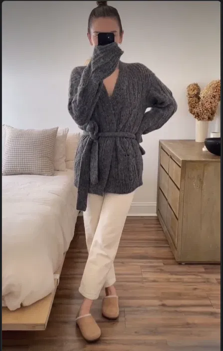 Dark Gray Belted Cardigan with Cream Pants Fall Outfit