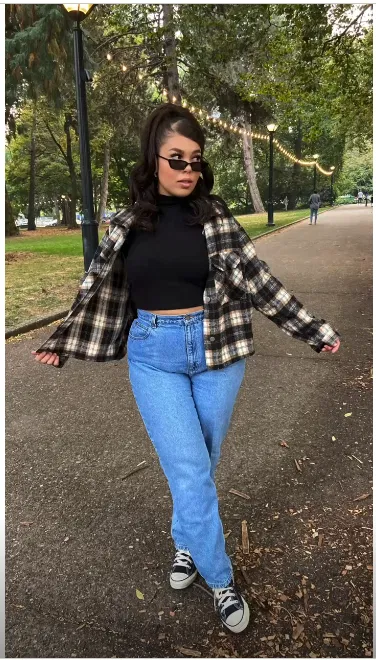 Black and Cream Plaid Flannel with Straight-Leg Jeans Fall Outfit