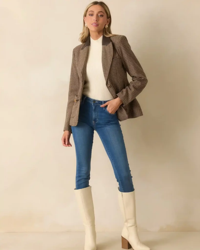 Houndstooth Blazer with Blue Skinny Jeans Fall Outfit
