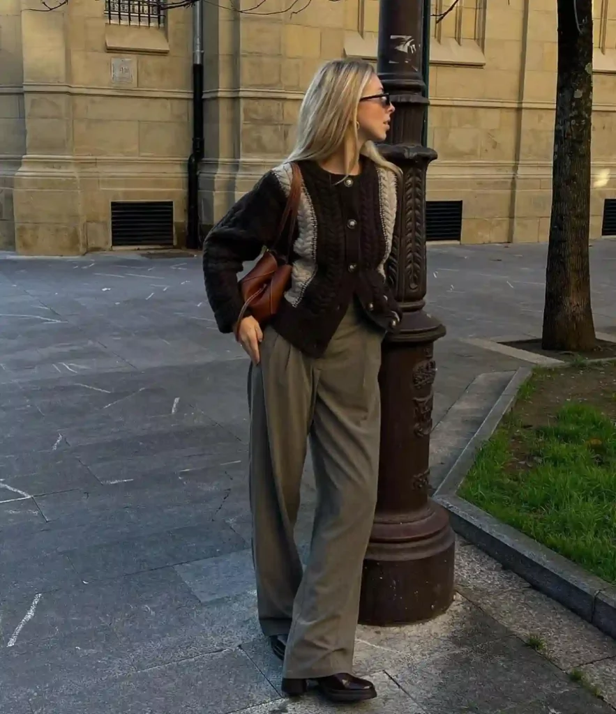 Brown Cable-Knit Cardigan with Pleated Trousers Fall Outfit