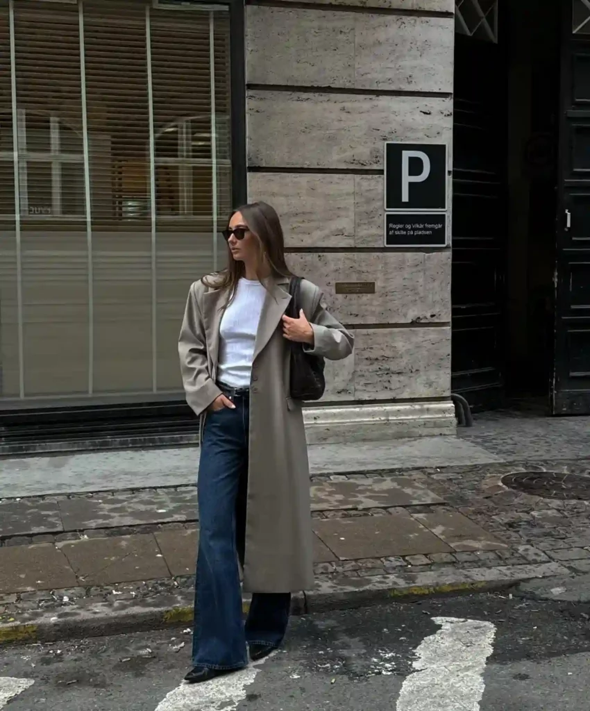 Taupe Trench Coat with Dark Bootcut Jeans Fall Outfit