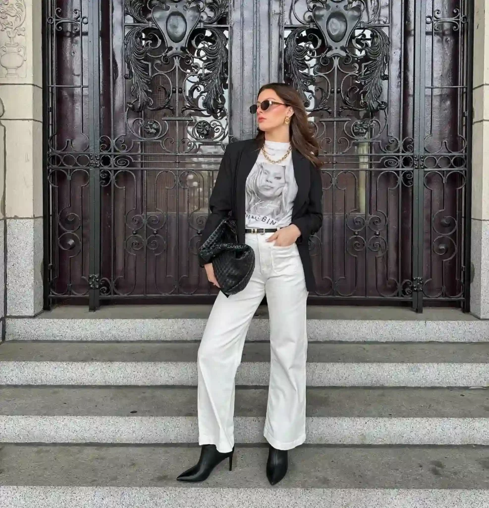 White Wide Flares with Black Blazer Fall Outfit