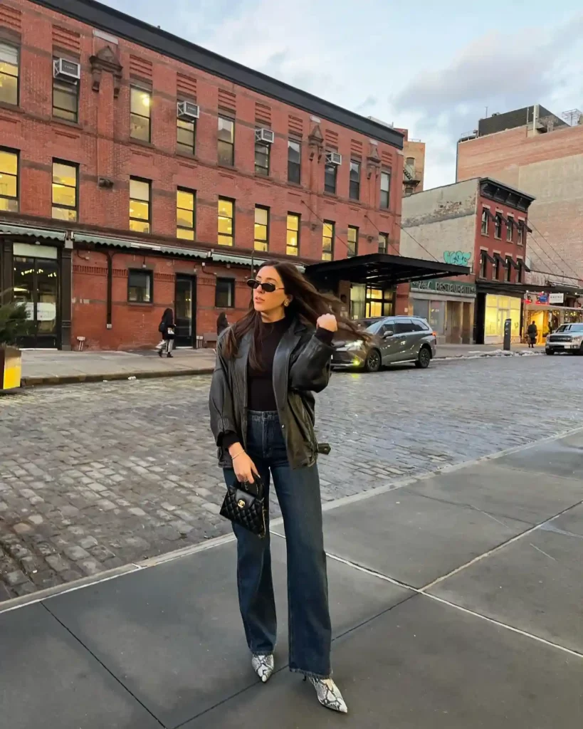 Leather Jacket with Dark Wash Jeans Going Out Fall Outfit