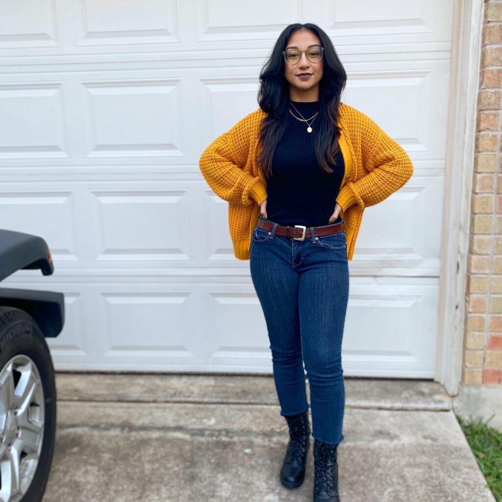 Mustard Orange Cardigan with Skinny Jeans Fall Outfit