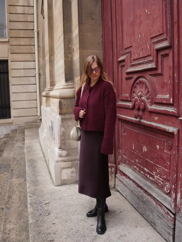Burgundy Cardigan with Brown Midi Skirt Fall Outfit