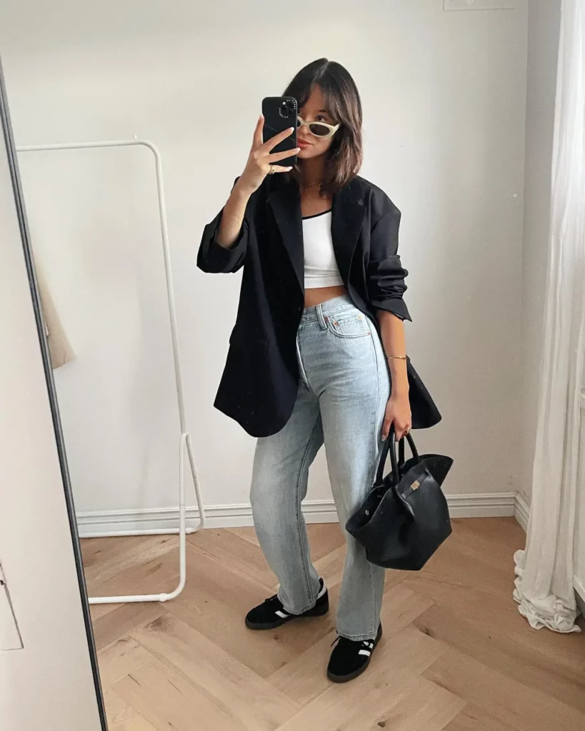Black Blazer with Light Wash Jeans and Adidas Samba Outfit