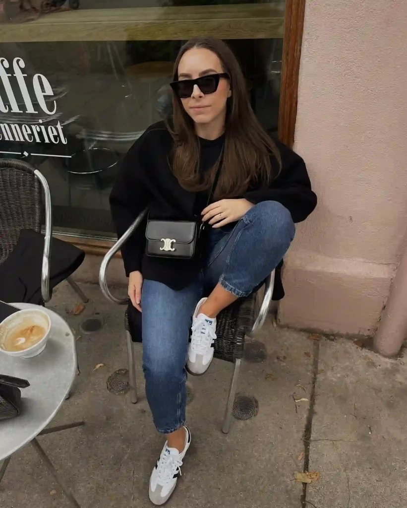Black Sweatshirt with Blue Jeans and Adidas Samba Outfit