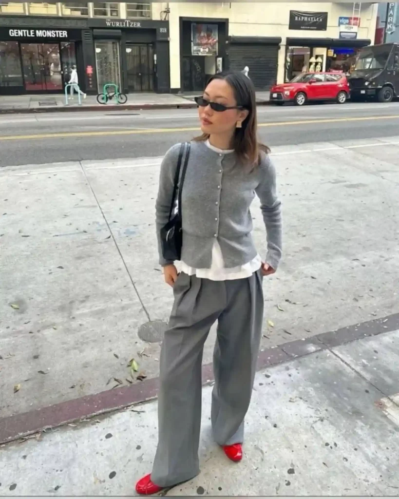 Gray Crew-Neck Cardigan with Wide-Leg Trousers Fall Outfit