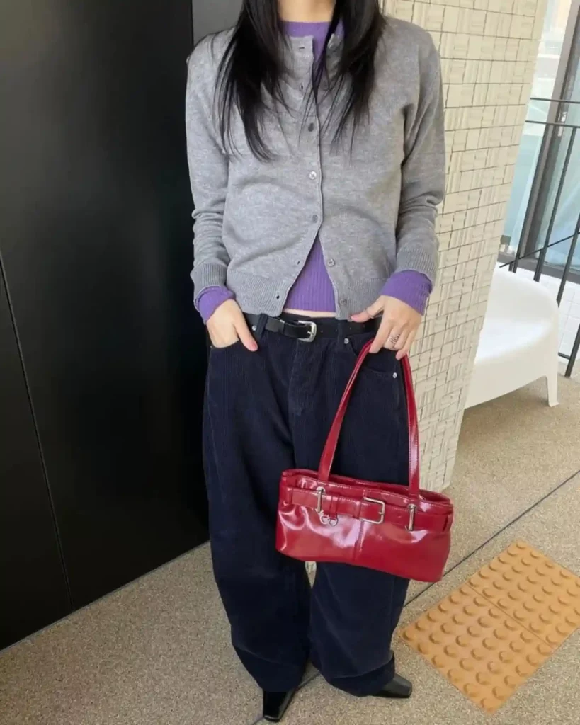 Gray Cropped Cardigan with Navy Corduroy Pants Fall Outfit