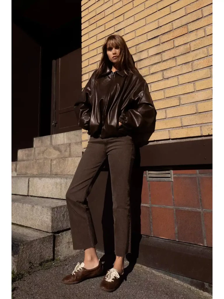 Dark Brown Leather Bomber with Cropped Brown Jeans Fall Outfit