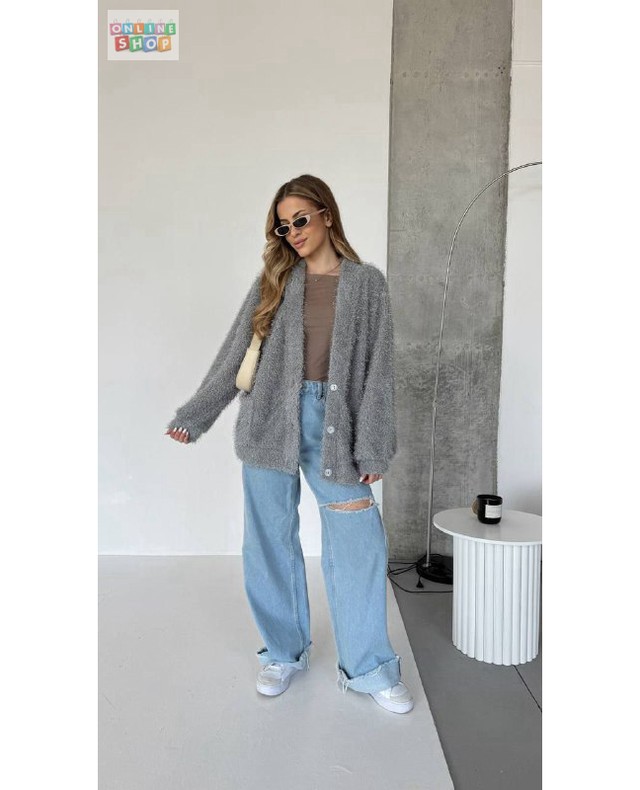 Gray Fuzzy Cardigan with Baggy Ripped Jeans Fall Outfit