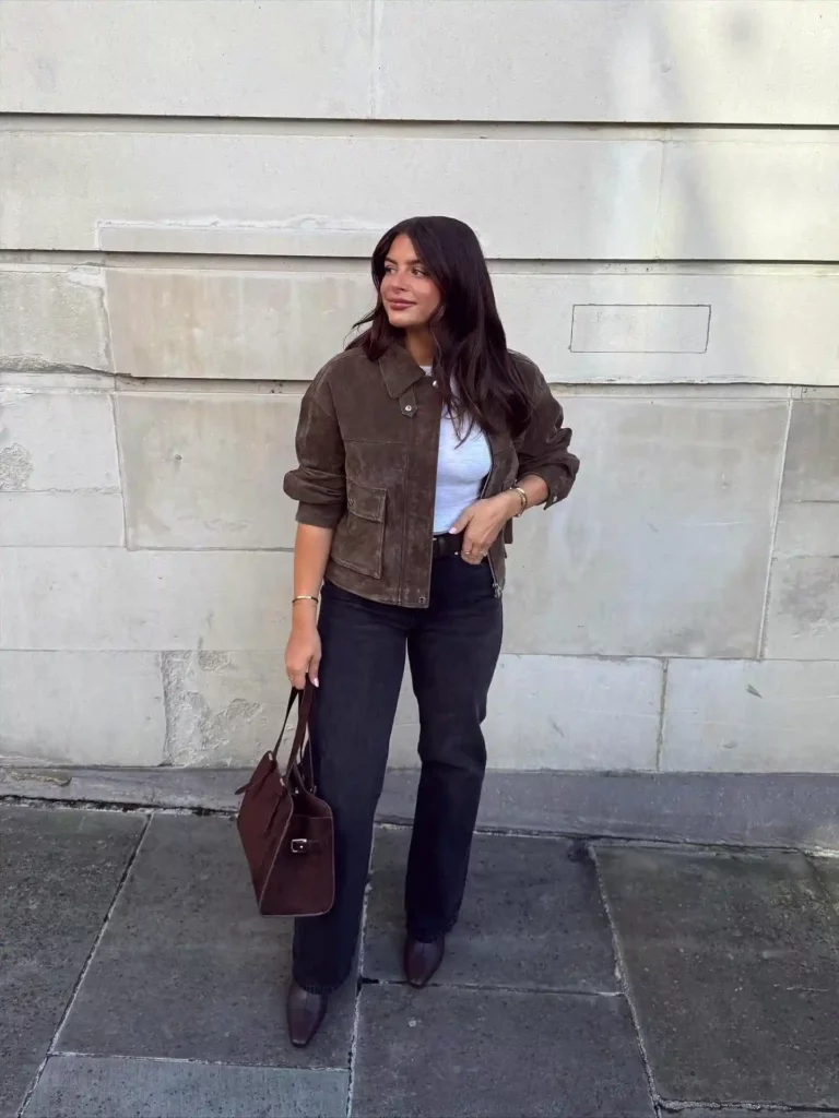 Brown Suede Jacket with Dark Wash Jeans Going Out Fall Outfit