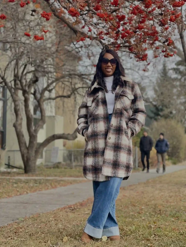 Plaid Shacket with White Turtleneck and Flare Jeans Fall Outfit
