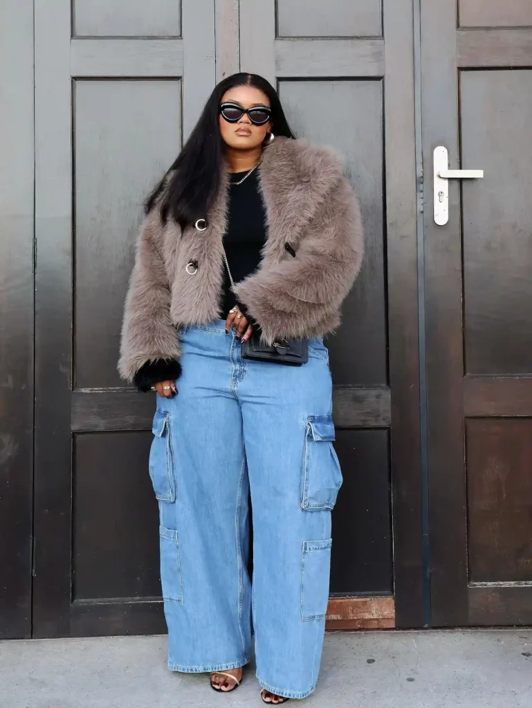 Faux Fur Jacket with Blue Cargo Jeans Fall Outfit