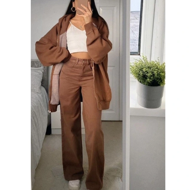 Brown Hoodie with Matching Wide-Leg Brown Jeans Fall Outfit